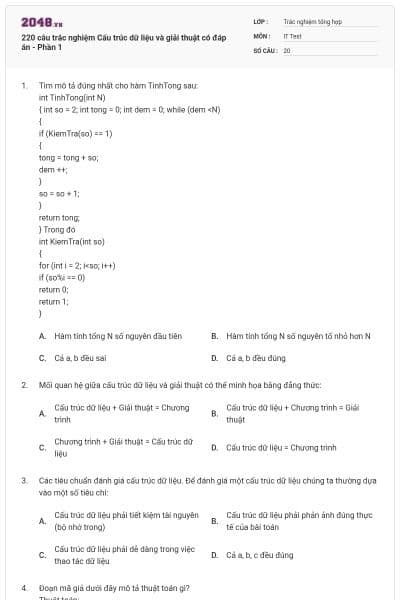 220 câu trắc nghiệm Cấu trúc dữ liệu và giải thuật có đáp án - Phần 1