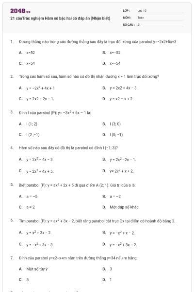 21 câuTrắc nghiệm Hàm số bậc hai có đáp án (Nhận biết)
