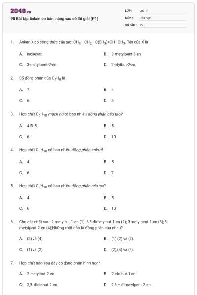 98 Bài tập Anken cơ bản, nâng cao có lời giải (P1)