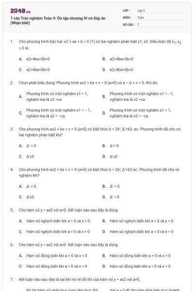 7 câu Trắc nghiệm Toán 9: Ôn tập chương IV có đáp án (Nhận biết)