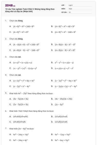 10 câu Trắc nghiệm Toán 8 Bài 3: Những hằng đẳng thức đáng nhớ có đáp án (Nhận biết)