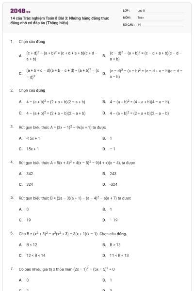14 câu Trắc nghiệm Toán 8 Bài 3: Những hằng đẳng thức đáng nhớ có đáp án (Thông hiểu)