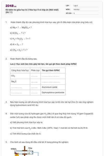 Đề kiểm tra giữa học kì 2 Hóa học 8 có đáp án (Mới nhất) (Đề 11)