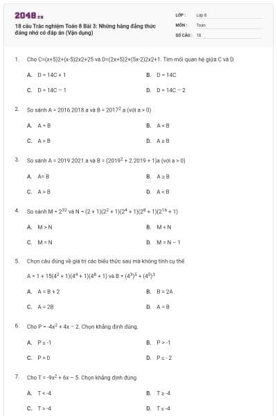 18 câu Trắc nghiệm Toán 8 Bài 3: Những hằng đẳng thức đáng nhớ có đáp án (Vận dụng)