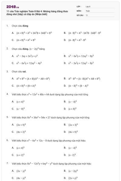 11 câu Trắc nghiệm Toán 8 Bài 4: Những hằng đẳng thức đáng nhớ (tiếp) có đáp án (Nhận biết)