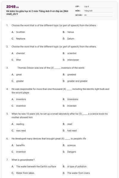 Đề kiểm tra giữa học kì 2 môn Tiếng Anh 8 có đáp án (Mới nhất)_đề 9