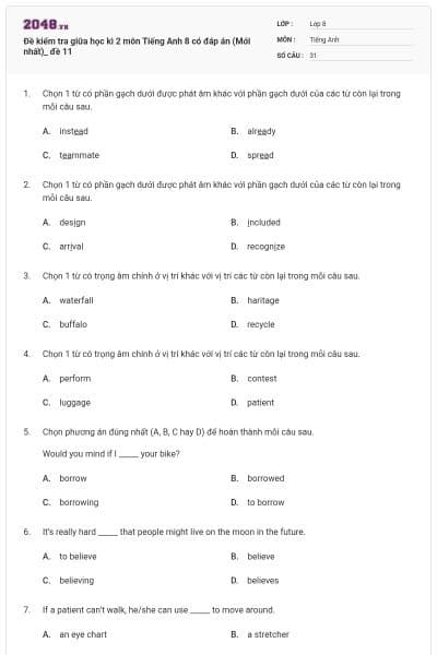 Đề kiểm tra giữa học kì 2 môn Tiếng Anh 8 có đáp án (Mới nhất)_ đề 11