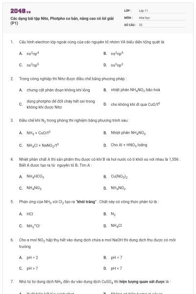 Các dạng bài tập Nito, Photpho cơ bản, nâng cao có lời giải (P1)