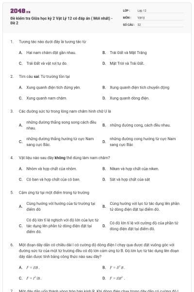 Đề kiểm tra Giữa học kỳ 2 Vật Lý 12 có đáp án ( Mới nhất) - Đề 2