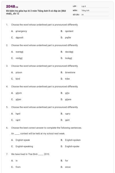 Đề kiểm tra giữa học kì 2 môn Tiếng Anh 8 có đáp án (Mới nhất)_ đề 12
