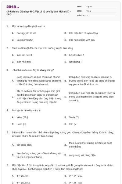 Đề kiểm tra Giữa học kỳ 2 Vật Lý 12 có đáp án ( Mới nhất) - Đề 3