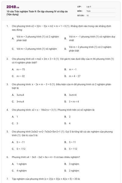 10 câu Trắc nghiệm Toán 9: Ôn tập chương IV có đáp án (Vận dụng)
