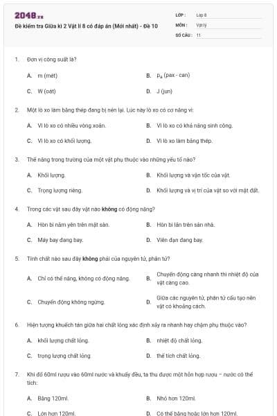 Đề kiểm tra Giữa kì 2 Vật lí 8 có đáp án (Mới nhất) - Đề 10