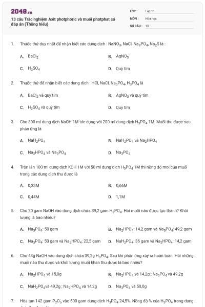 13 câu Trắc nghiệm Axit photphoric và muối photphat có đáp án (Thông hiểu)