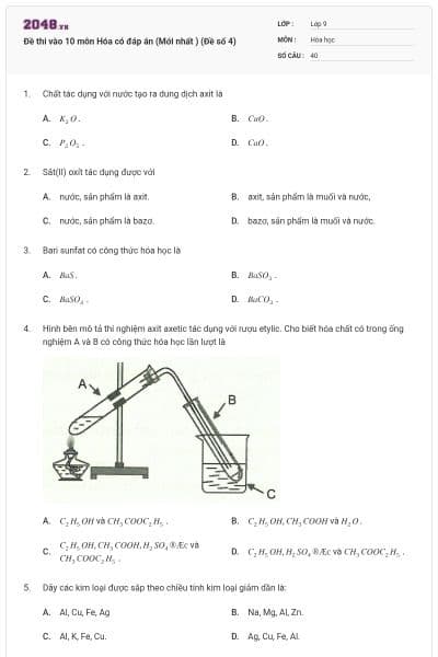 Đề thi vào 10 môn Hóa có đáp án (Mới nhất ) (Đề số 4)