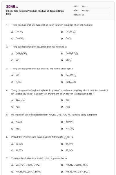 20 câu Trắc nghiệm Phân bón hóa học có đáp án (Nhận biết)