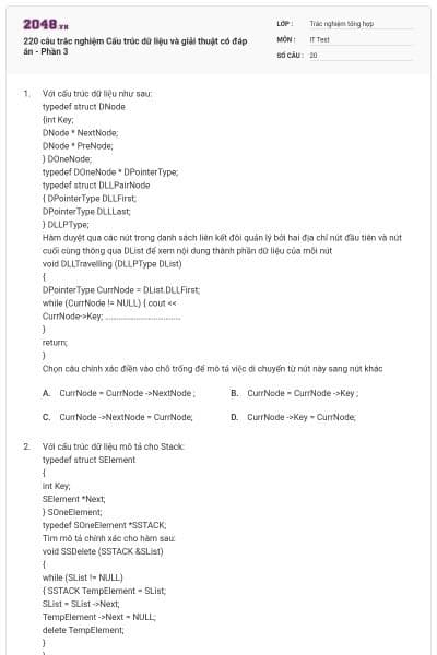 220 câu trắc nghiệm Cấu trúc dữ liệu và giải thuật có đáp án - Phần 3
