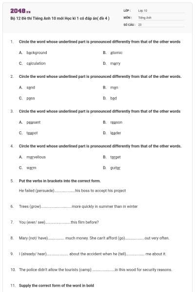 Bộ  12 Đề thi Tiếng Anh 10 mới Học kì 1 có đáp án( đề 4 )
