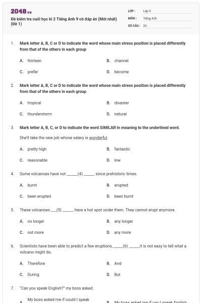 Đề kiểm tra cuối học kì 2 Tiếng Anh 9 có đáp án (Mới nhất) (Đề 1)