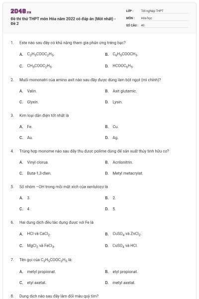 Đề thi thử THPT môn Hóa năm 2022 có đáp án (Mới nhất) - Đề 2
