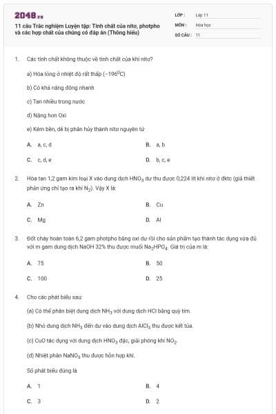11 câu Trắc nghiệm Luyện tập: Tính chất của nitơ, photpho và các hợp chất của chúng có đáp án (Thông hiểu)