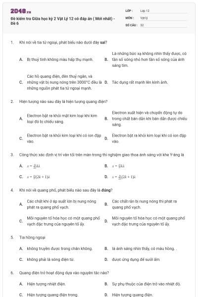 Đề kiểm tra Giữa học kỳ 2 Vật Lý 12 có đáp án ( Mới nhất) - Đề 6