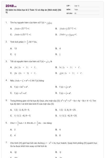 Đề kiểm tra Giữa học kì 2 Toán 12 có đáp án (Mới nhất) (Đề 9)