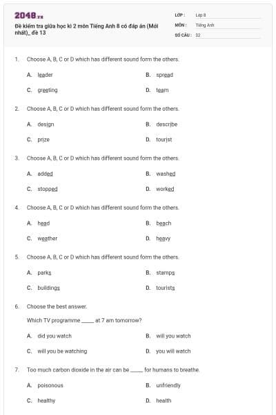 Đề kiểm tra giữa học kì 2 môn Tiếng Anh 8 có đáp án (Mới nhất)_ đề 13