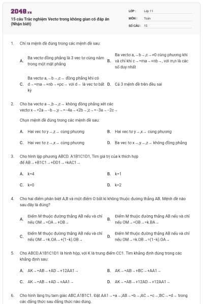 15 câu Trắc nghiệm Vectơ trong không gian có đáp án (Nhận biết)