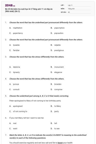 Bộ 25 Đề kiểm tra cuối học kì 2 Tiếng anh 11 có đáp án (Mới nhất) (Đề 3)