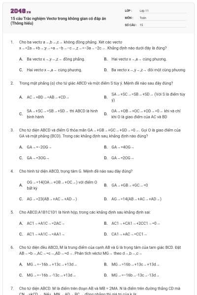 15 câu Trắc nghiệm Vectơ trong không gian có đáp án (Thông hiểu)