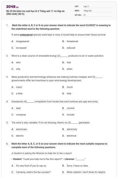 Bộ 25 Đề kiểm tra cuối học kì 2 Tiếng anh 11 có đáp án (Mới nhất) (Đề 6)