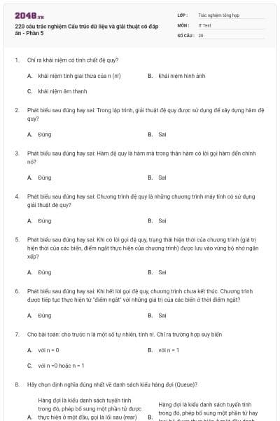220 câu trắc nghiệm Cấu trúc dữ liệu và giải thuật có đáp án - Phần 5