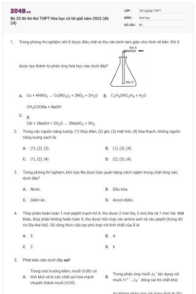 Bộ 25 đề thi thử THPT Hóa học có lời giải năm 2022 (đề 24)