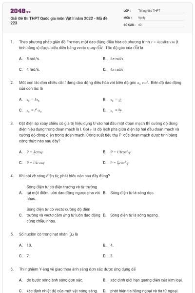 Giải Đề thi THPT Quốc gia môn Vật lí năm 2022 - Mã đề 223