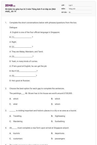 Đề kiểm tra giữa học kì 2 môn Tiếng Anh 9 có đáp án (Mới nhất)_ đề 14