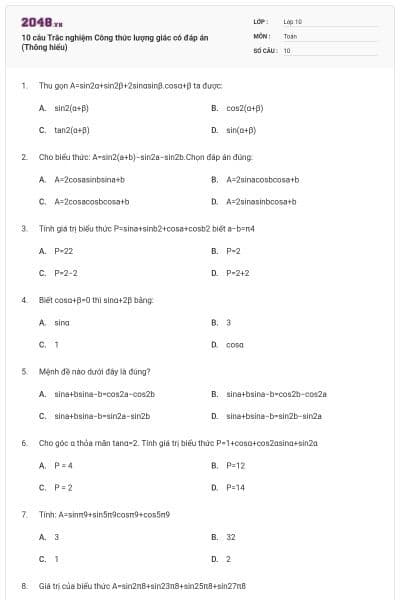 10 câu Trắc nghiệm Công thức lượng giác có đáp án (Thông hiểu)