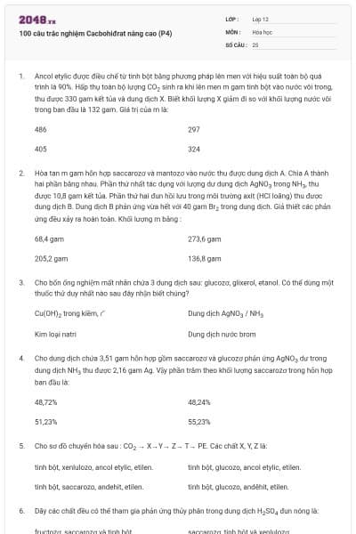 100 câu trắc nghiệm Cacbohiđrat nâng cao (P4)