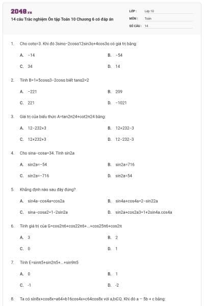 14 câu Trắc nghiệm Ôn tập Toán 10 Chương 6 có đáp án