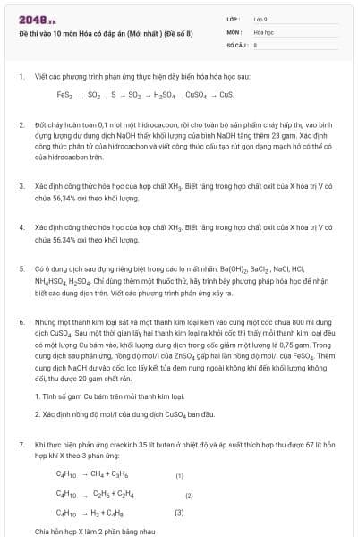Đề thi vào 10 môn Hóa có đáp án (Mới nhất ) (Đề số 8)
