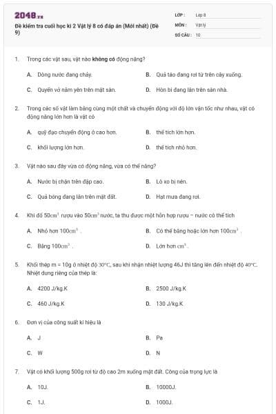 Đề kiểm tra cuối học kì 2 Vật lý 8 có đáp án (Mới nhất) (Đề 9)