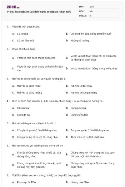 14 câu Trắc nghiệm Các định nghĩa có đáp án (Nhận biết)