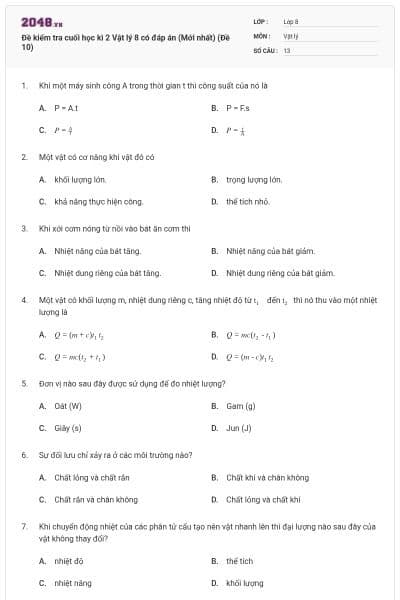 Đề kiểm tra cuối học kì 2 Vật lý 8 có đáp án (Mới nhất) (Đề 10)