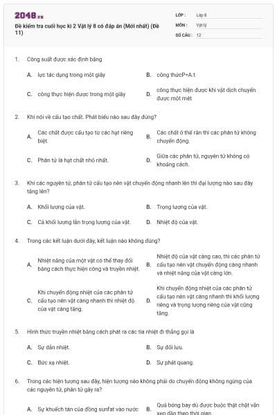Đề kiểm tra cuối học kì 2 Vật lý 8 có đáp án (Mới nhất) (Đề 11)