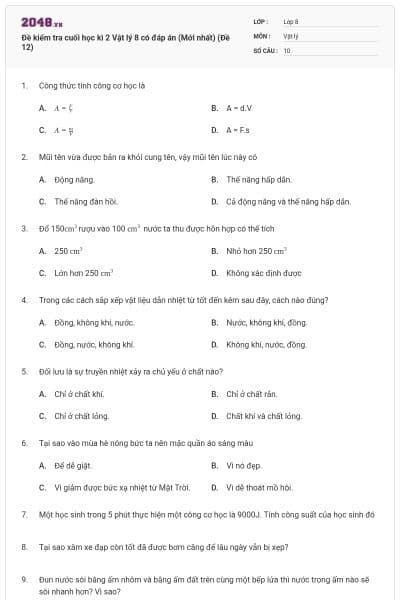 Đề kiểm tra cuối học kì 2 Vật lý 8 có đáp án (Mới nhất) (Đề 12)