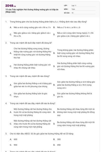 15 câu Trắc nghiệm Hai đường thẳng vuông góc có đáp án (Nhận biết)