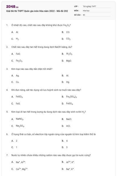 Giải Đề thi THPT Quốc gia môn Hóa năm 2022 - Mã đề 202