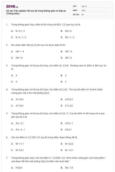 20 câu Trắc nghiệm Hệ tọa độ trong không gian có đáp án (Thông hiểu)