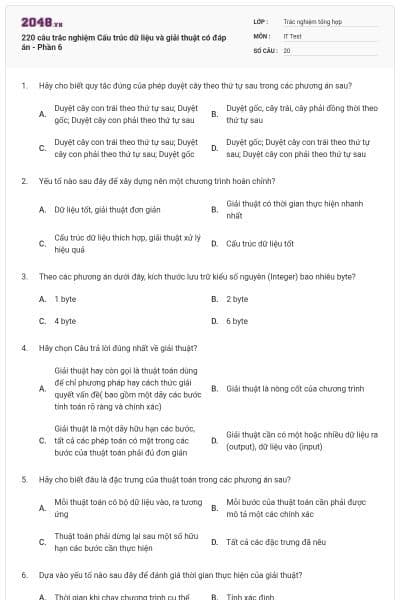 220 câu trắc nghiệm Cấu trúc dữ liệu và giải thuật có đáp án - Phần 6