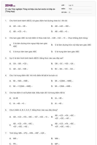 21 câu Trắc nghiệm Tổng và hiệu của hai vectơ có đáp án (Tổng hợp)